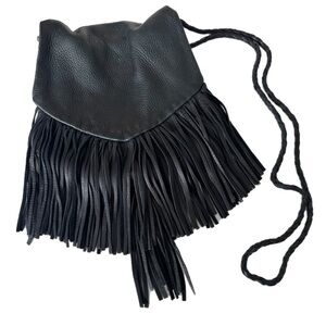 Hand-Made Crossbody Lined Black Leather purse with Fringe